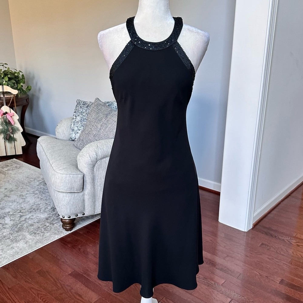 Vintage 100% Silk Jones New York High Neck Beaded Trim Cocktail Dress Size 8